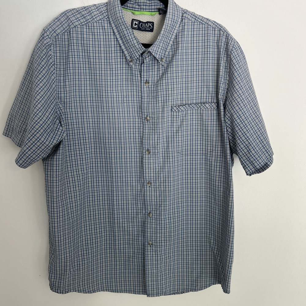 Chaps Men's Yellow White Blue Plaid Short Sleeve Button-Up Easy Care Shirt XL